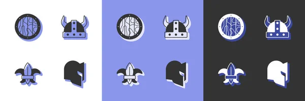 Conjunto de casco medieval, escudo de madera redonda, lis Fleur o flor de lirio y vikingo en el icono con cuernos. Vector — Archivo Imágenes Vectoriales