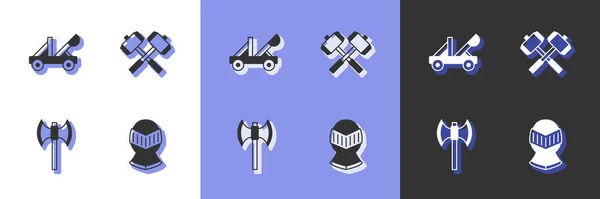 Set Medieval helmet, catapult, poleaxe and Crossed battle hammers icon. Vector — Stock Vector