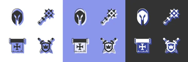 Set Escudo con espadas, casco medieval, Cruzada y puntas de maza icono. Vector — Archivo Imágenes Vectoriales