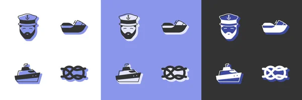 Set de nudos de cuerda náutica, capitán de barco, lancha rápida y moto acuática icono. Vector — Archivo Imágenes Vectoriales