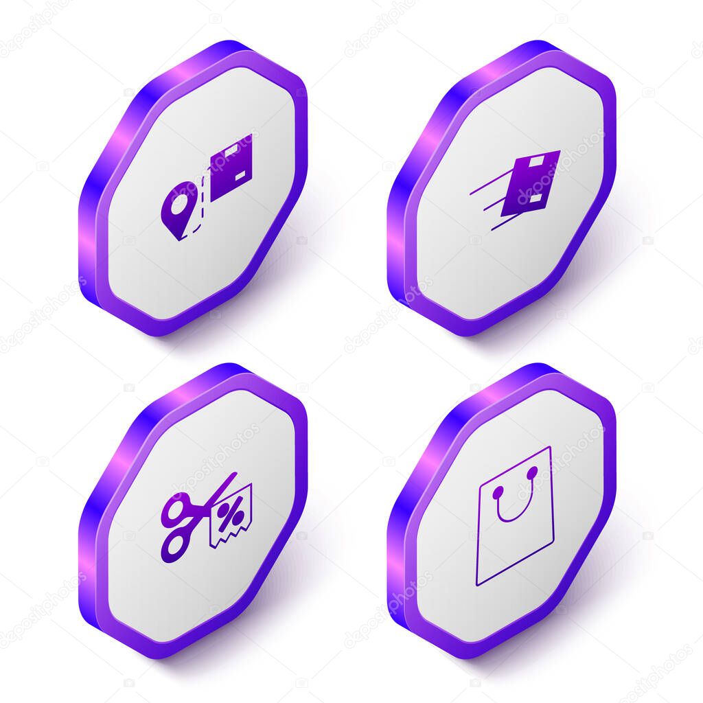 Set Isometric Location with cardboard box, Scissors cuts discount coupon and Paper shopping bag icon. Purple hexagon button. Vector