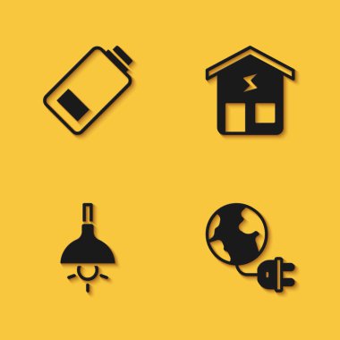 Batarya şarjını ayarla, küresel enerji gezegeni, lamba asılı ve akıllı ev ikonu uzun gölgeli. Vektör