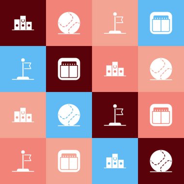 Pop Sanat Ödülünü spor podyumu, beyzbol topu, Bayrak ve Spor Mekanik Skor Tablosu ikonu 'na göre belirleyin. Vektör