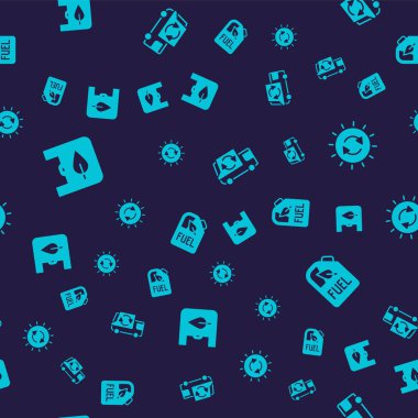 Geri dönüşümlü alışveriş torbası, güneş enerjisi paneli, çöp kamyonu ve biyo yakıt tüpünü pürüzsüz desene ayarlayın. Vektör