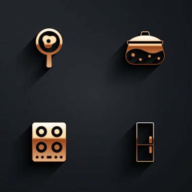 Kızarmış yumurtaları kızartma tavasına, tencereye, gaz ocağına ve uzun gölgeli buzdolabı ikonuna koy. Vektör