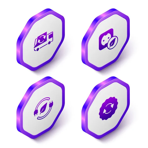 Set Isometric Garbage truck, Electrical outlet, saving plug in leaf and Recycle symbol icon. Purple hexagon button. Vector — Stock Vector