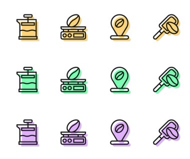 Kahve çekirdeği, Fransız presi, elektronik pullar ve Spatula tahıl ikonu ile hat kurun. Vektör