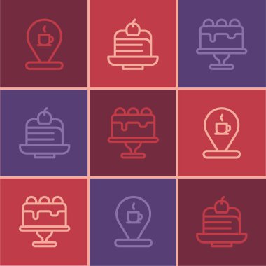 Çizgiyi kahve fincanı, kek ve kek ikonu ile ayarla. Vektör