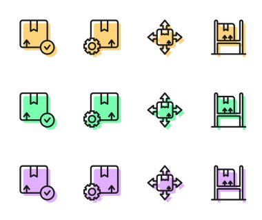 Karton karton kutu, ambalajlı dişli ve Depo 'nun içi kutu simgesini ayarla. Vektör