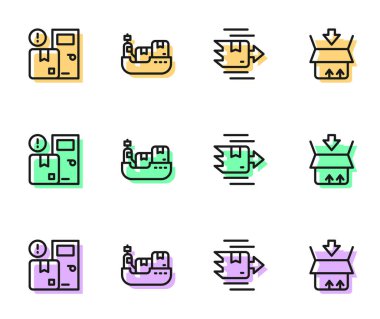 Karton karton kutuları, eve servis servislerini, kutuları ve ikonu olan kargo gemisini ayarlayın. Vektör