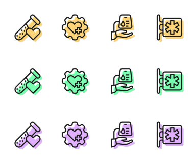 Kan bağışı, kan testi tüpü, kalp çarpması ve acil durum ikonu. Vektör