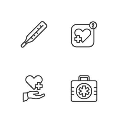 İlk yardım çantası, çapraz kalp, medikal termometre ve gezici kalp atış hızı ikonu. Vektör