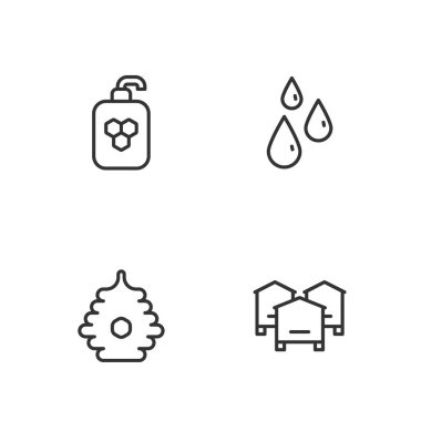 Kovan hattını arılar için ayarla, ballı kozmetik tüp ve ikon damlaları. Vektör