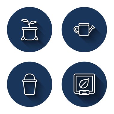 Çizgiyi çömleğe, su bidonuna, kovaya ve uzun gölgeli özel bitki tohumlarına yerleştir. Mavi daire düğmesi. Vektör