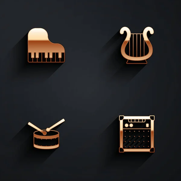 Ensemble Piano à queue, Lyre grecque ancienne, Tambour avec bâtons de batterie et icône d'amplificateur de guitare avec ombre longue. Vecteur — Image vectorielle