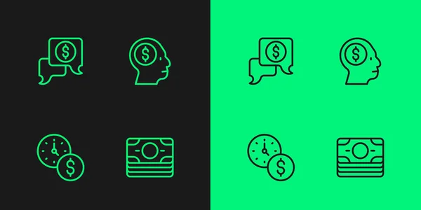 Set line Stacks paper money cash, Time is, Business negotiations and man planning mind icon. Vector — Stock Vector