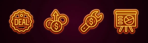 Set line Deal, dolar pertumbuhan keuangan, Perbaikan harga dan Dewan dengan grafik. Glowing ikon neon. Vektor - Stok Vektor