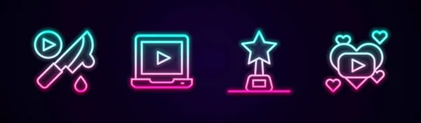 Set lijn Thriller film, Online video afspelen, Film trofee en Romantisch. Een gloeiend neon icoon. Vector — Stockvector