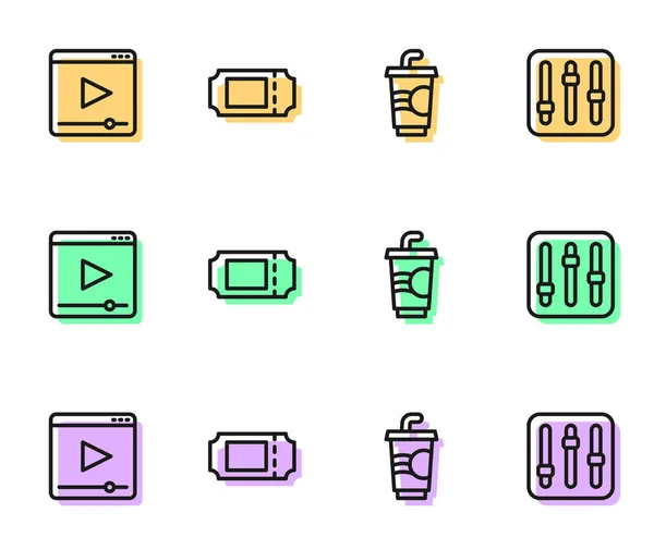 Set line Papierglas mit Wasser, Online-Play-Video, Kinokarte und Sound-Mixer-Controller-Symbol. Vektor — Stockvektor