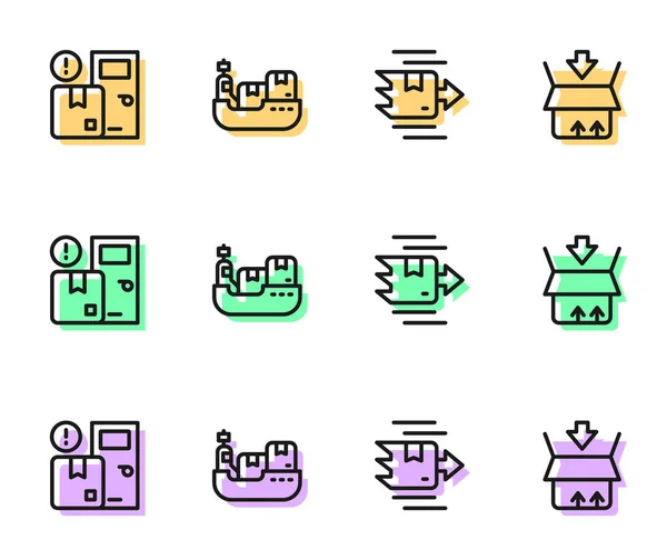 Набор линии Картонная коробка, Домашняя доставка услуг, Грузовой корабль с коробками и значком. Вектор — стоковый вектор