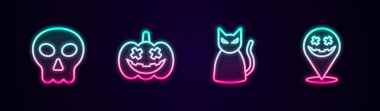 Set hattı, Kurukafa, Balkabağı, Kara Kedi ve Mutlu Cadılar Bayramı. Parlayan neon ikonu. Vektör