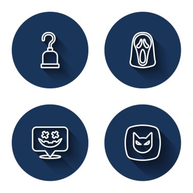 Korsan kancası, komik ve korkunç hayalet maskesi, Cadılar Bayramı 'nız kutlu olsun ve uzun gölgeli kara kedi. Mavi daire düğmesi. Vektör