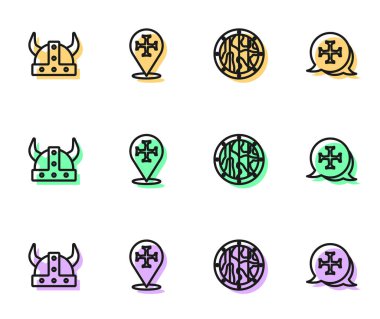 Yuvarlak ahşap kalkan, boynuzlu miğfer, Haçlı Seferi ve ikon giymiş Viking. Vektör