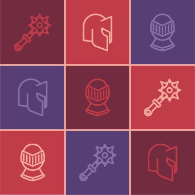 Dikenli göz yaşartıcı sprey, ortaçağ miğferi ve ikonu. Vektör