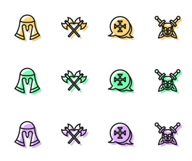 Hattı belirle Haçlı Seferi, Ortaçağ miğferi, Ortaçağ baltalarını ve Kafatası 'nı kılıç ikonuyla çapraz yap. Vektör