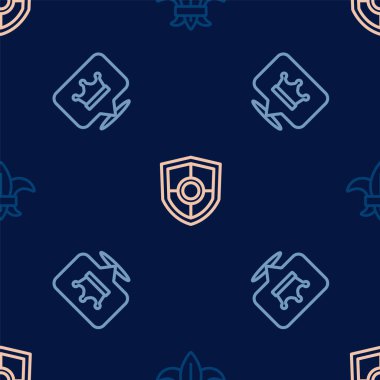 Fleur de Lys ya da zambak çiçeği, King Crown ve Shield 'ı kusursuz desenlere ayarlayın. Vektör