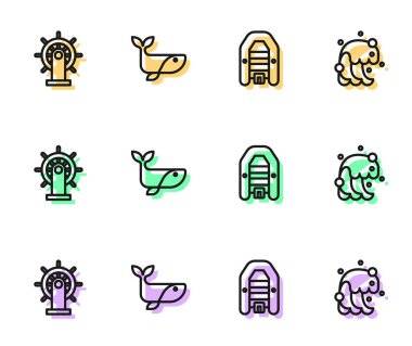 Hattı motorlu, direksiyonlu, balina ve tsunami ikonlu şişme bota ayarlayın. Vektör