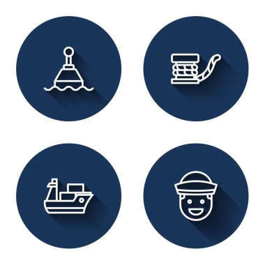 Halatla yüzen şamandıra, ipli denizci kazanı, kargo gemisi ve uzun gölgeli denizci. Mavi daire düğmesi. Vektör