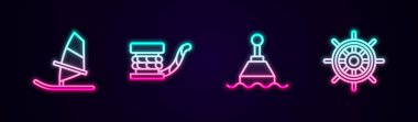 Yelken sörfü hattı, halatlı denizci kazanı, yüzen şamandıra ve direksiyon simidi. Parlayan neon ikonu. Vektör
