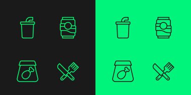 Hattı kesen bıçak ve çatal, online sipariş veren yemek, su ve soda ikonlu kağıt bardak. Vektör