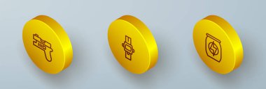 Isometric hattı Futuristik silahı, bilek saati ve enerji içeceği ikonunu ayarla. Vektör