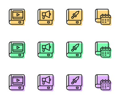 Silah, sinema ve günlük kağıt not defteri ikonu hakkında bir satır oluştur. Vektör