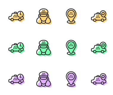 Hattı ayarla. Taksi durağı, taksi durağı, şoför ve simge. Vektör