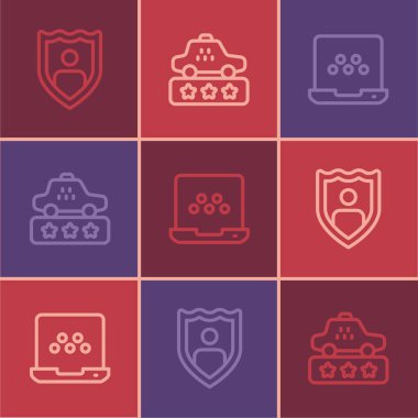 Yaşam sigortasını kalkan, taksi mobil uygulaması ve servis derecelendirme ikonu ile ayarla. Vektör