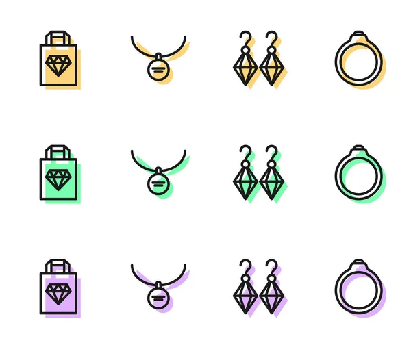 Set Linie Ohrringe, Einkaufstasche Schmuck, Medaillon auf Halskette und Diamant Engagement Symbol. Vektor — Stockvektor