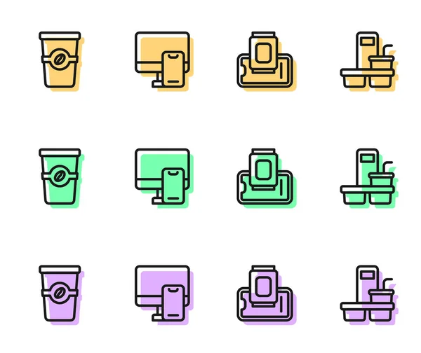 Définir la ligne Commande de nourriture sur mobile, Tasse à café à emporter, Alimentation en ligne et icône. Vecteur — Image vectorielle