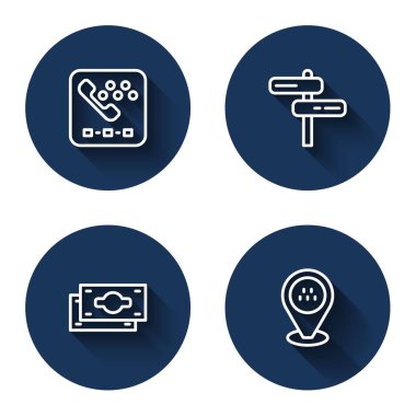 Taksi hattı, telefon servisi, trafik levhası, kağıt para yığını ve uzun gölgeli konum taksisi. Mavi daire düğmesi. Vektör