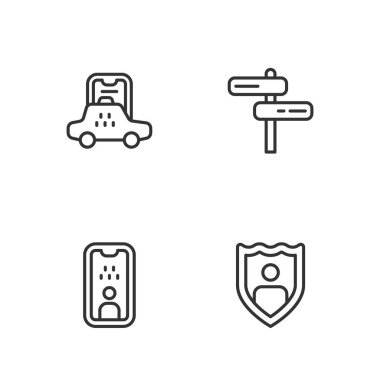 Siperli hayat sigortası, taksi ehliyeti, mobil uygulama ve trafik işareti simgesi. Vektör