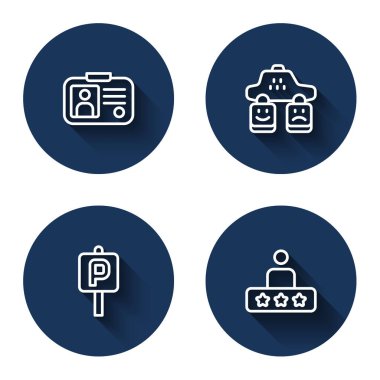 Taksi ehliyeti, servis derecesi, park yeri ve uzun bir gölgesi var. Mavi daire düğmesi. Vektör