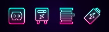 Elektrik prizi, sayaç, elektrik kablosu makaraya ve pil şarjına ayarla. Parlayan neon ikonu. Vektör