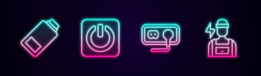 Hattı şarj et, güç düğmesi, elektrik prizi ve elektrikçi ayarla. Parlayan neon ikonu. Vektör