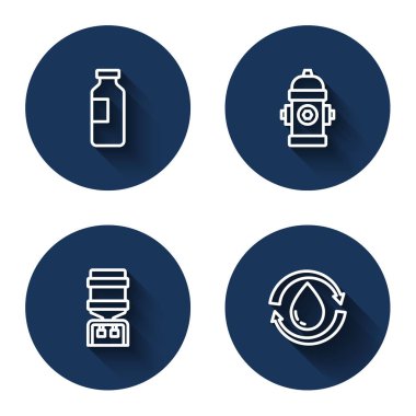 Bir şişe su, yangın musluğu, su soğutucusu ve uzun gölgeli temiz suyu geri dönüştür. Mavi daire düğmesi. Vektör