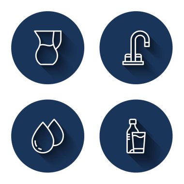 Bardağı suyla doldurun, musluk suyu, damla ve uzun gölgeli bir şişe. Mavi daire düğmesi. Vektör