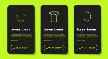 Bir kase sıcak çorba, kızarmış ekmek ve limon. Ticari bilgi şablonu. Vektör