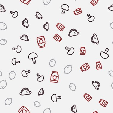 Misket mantarı, tortilla ile Taco, limon ve reçel kavanozunu kusursuz desene ayarlayın. Vektör