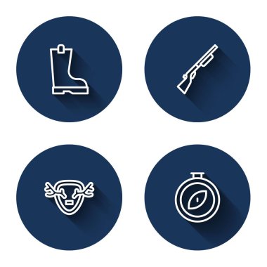 Su geçirmez lastik bot, av silahı, kalkanda geyik boynuzu ve uzun gölgeli pusula. Mavi daire düğmesi. Vektör